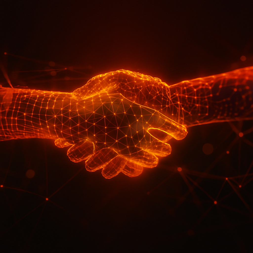 Electric Handshake in Digital Mesh Hand shaking, where each hand is depicted as a virtual hand, denoting the importance of digital media in sales.